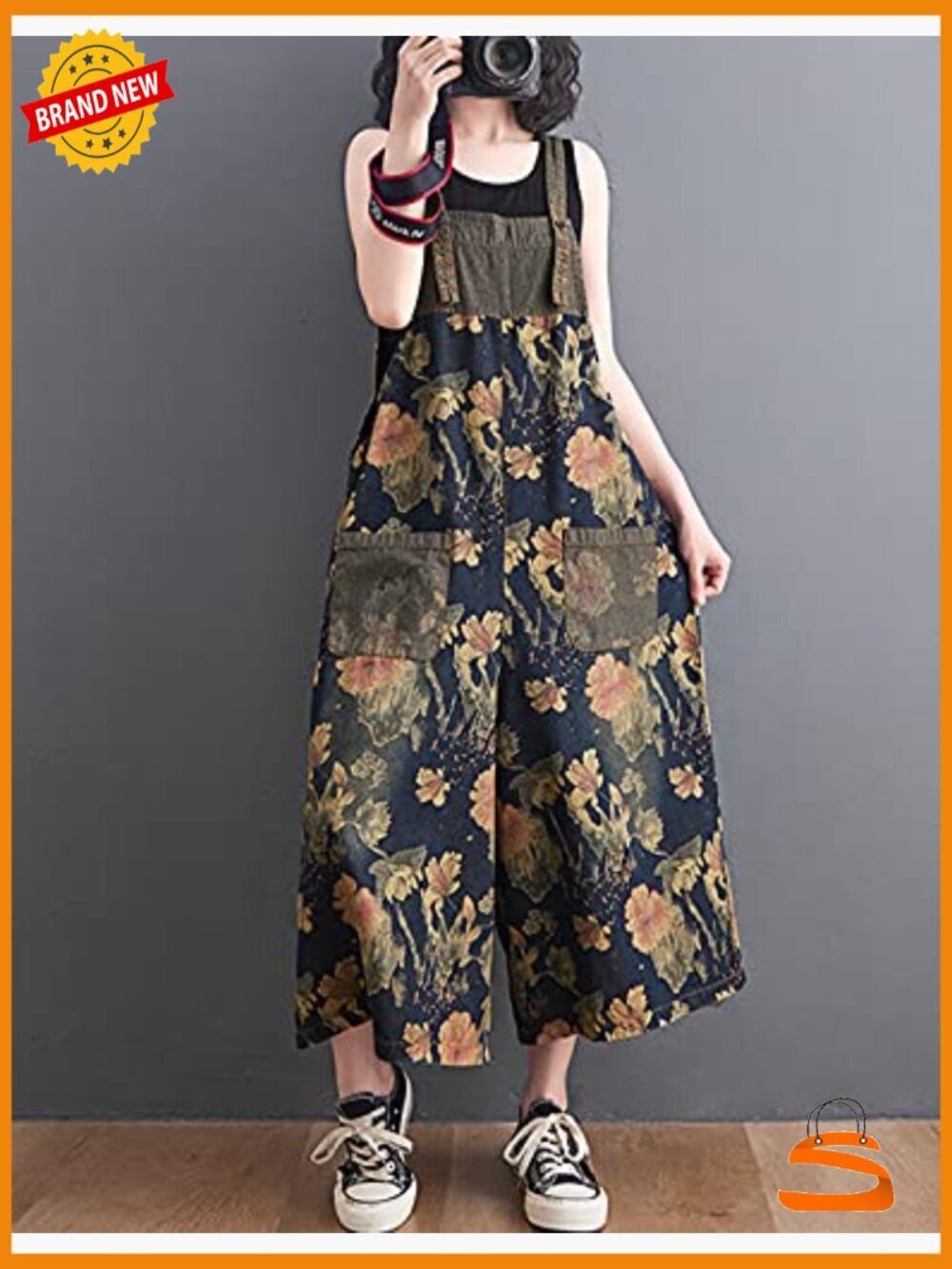 Womens Overalls Jumpsuits Floral Print Denim Baggy Wide Leg Pockets Low Crotch - Picture 2 of 6